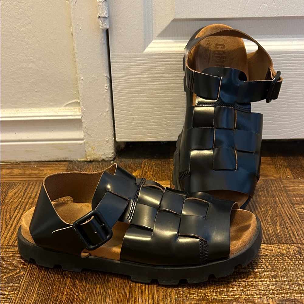 Camper Chunky Black Leather Fisherman Sandals